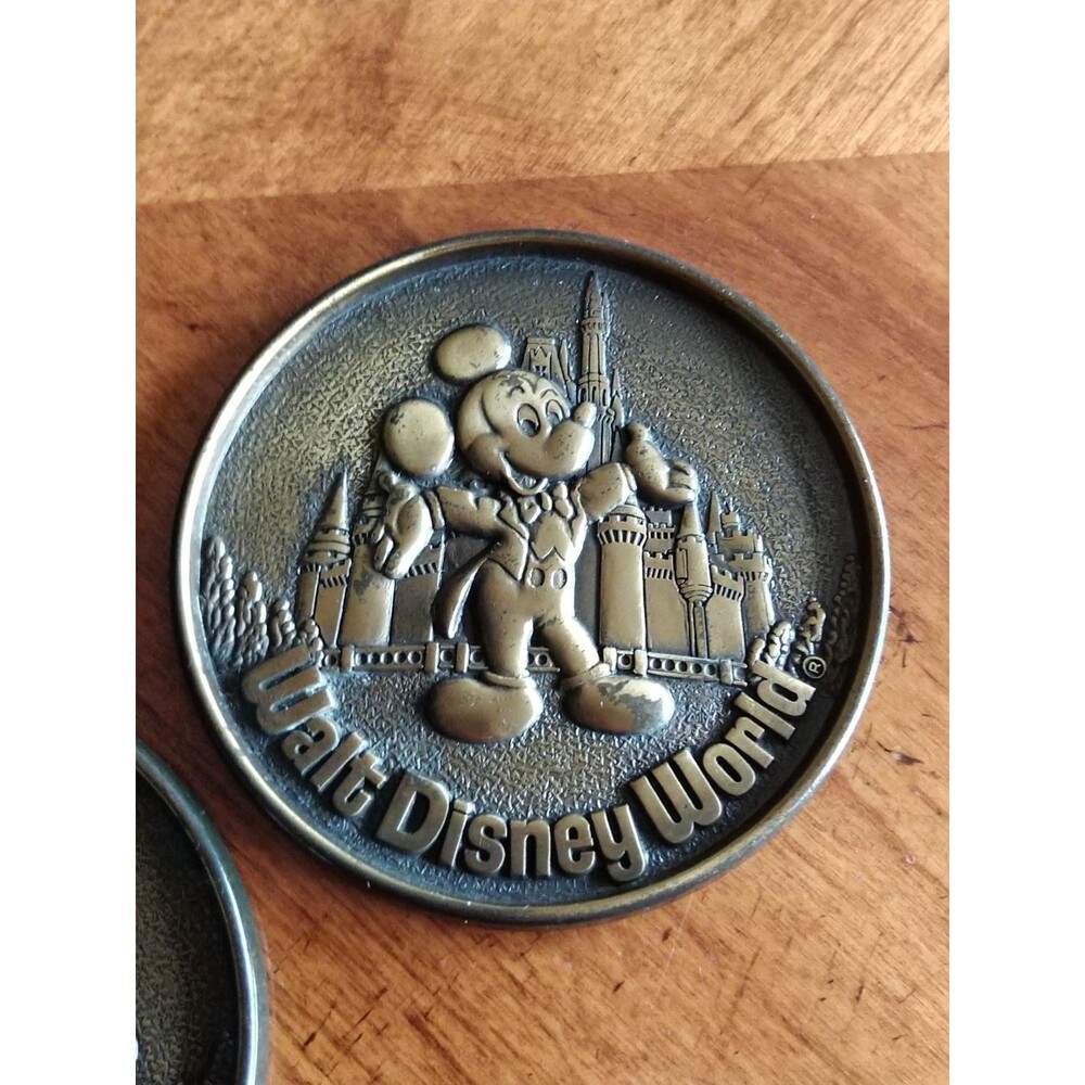 Vintage Set Lot 2 Bronze Walt Disney World Mickey Mouse Coasters Canada 3.25"Dia - Picture 12 of 13